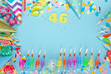Top view card happy birthday with number  46. Copy space. Postcard holiday anniversary. Happy...