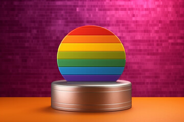 Rainbow circle backdrop and metallic bronze podium on orange table with pink brick texture background for Gay Pride Month created with Generative AI