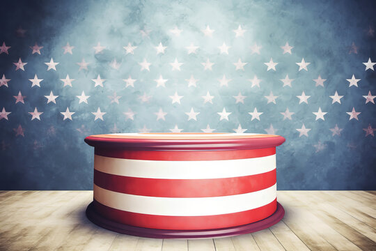 Stripe red and white round stage podium on vintage wood floor with star on blue grunge background America theme USA flag concept for patriotic presentation created with Generative AI