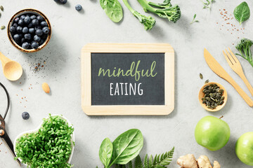 Vegetarian vegan healthy ingredients and mindful eating chalk board