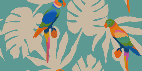 Abstract artistic print with various leaves and parrots. Modern hand drawn collage contemporary seamless pattern.  © MURRIRA