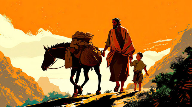 Colorful painting art portrait of Abraham hiking up a mountain with his son Isaac.