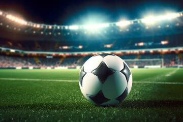 Fototapeta na wymiar close up of a soccer ball in the center of the stadium illuminated by the headlights, generative ai