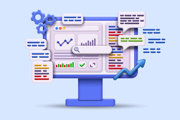 Seo and site customization 3d style data optimization analysis and web search online. Vector illustration setting up keywords to find the site in a search engine computer work and performance
