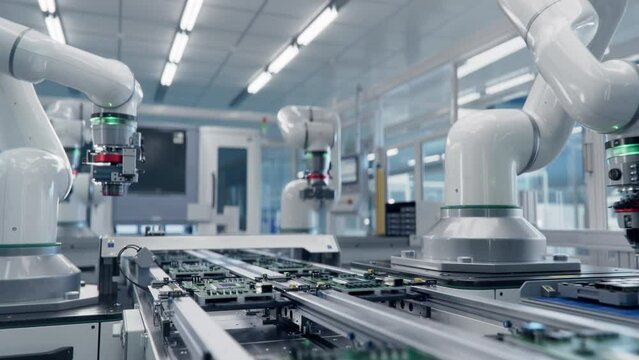 Advanced High Precision Robot Arms at Bright Electronics Factory. Fully Automated Modern PCB Assembly Line. Component Installation on Circuit Board. Electronic Devices Production Industry.