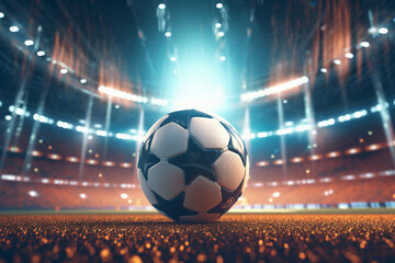 close up of a soccer ball in the center of the stadium illuminated by the headlights, generative ai