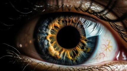 Detailed eye of the person closeup, optic reflection, macro