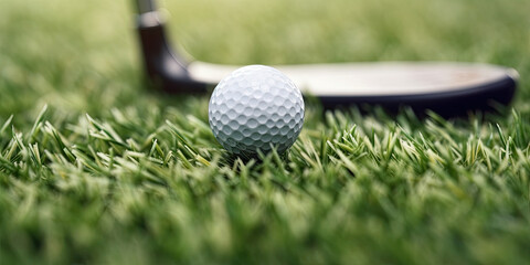 Golf ball and club on grass. Generative AI