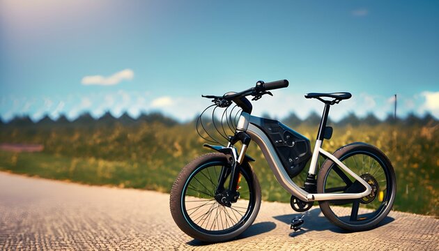 bicycle in the park, electronic bicycle,2 wheel , white and black color, adventure activity ,AI generated