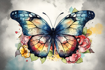 Retro watercolor butterfly on flowers , Watercolor painting butterfly Floral isolated on vintage white background , Created with generative AI