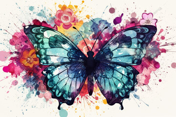 Obraz na płótnie Canvas Retro watercolor butterfly on flowers , Watercolor painting butterfly Floral isolated on vintage white background , Created with generative AI