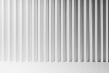 White abstract background of vertical folded striped gradient pattern, perspective, floor as stage mockup for presentation cosmetic products, goods, advertising, design, soft light modern urban style.