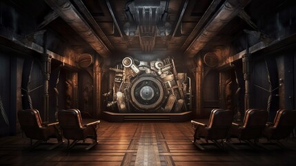 Dark sci-fi dieselpunk space station corridor interior with hangar door generative ai - obrazy, fototapety, plakaty