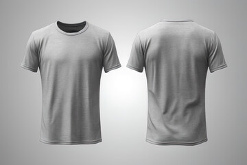 Grey male t-shirt realistic mockup set from front and back view, blank textile print design template for fashion apparel. Created with Generative AI Technology