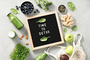 Time to detox letter board quote flat lay - obrazy, fototapety, plakaty