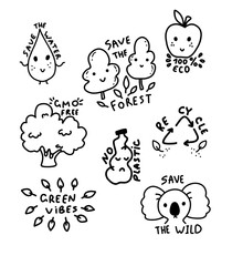 Ecological doodle stickers. Collection of eco stickers with slogans - no plastic, eco bag, save trees, eco friendly, say no