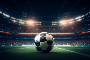 close up of a soccer ball in the center of the stadium illuminated by the headlights, generative ai