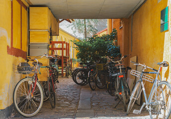 Fototapeta na wymiar beautiful patio with bike parking in Copenhagen