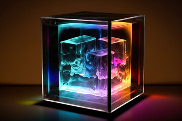 Glass cube stand. Glass material. Cube shape. Geometric. Generative AI