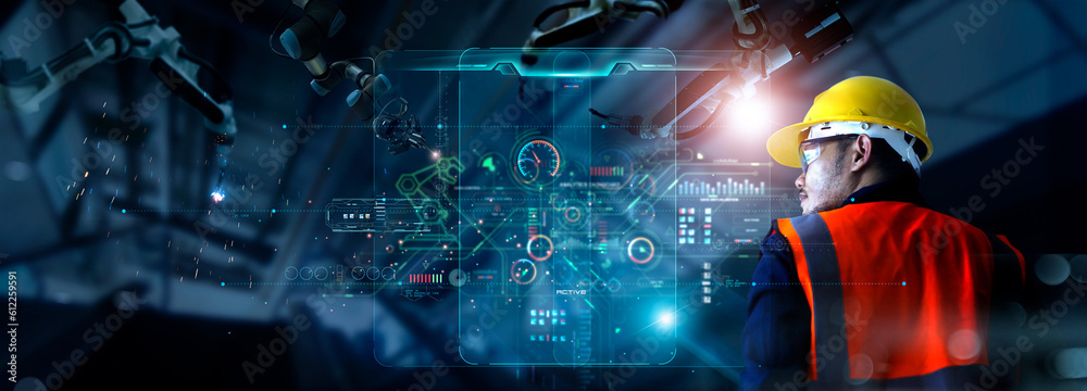 Leinwandbilder Industry 4.0, Industrial Engineer working with Smart industry automation robot arms for digital factory production technology on real time interface monitoring system software. Industrial revolution