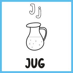 A-Z Alphabet Tracing And Coloring Pages. Letter J For Jug Kids Activity English Word Learning Vector Illustration Coloring Pages For Coloring Book
