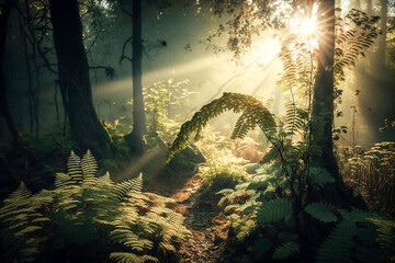 Morning light in the forest. Sunbeams flowing through foliage trees on forest clearing. Forest light. Generative AI