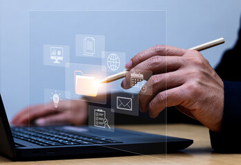 document management concept with digital concept and technology businessman holding virtual folder and online management information icon digital workflow cyber security and protection information © Alek