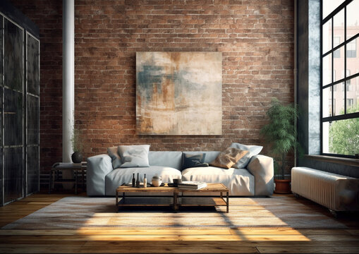 modern living room interior, one squere frame art mock up, brick wall, generative ai 