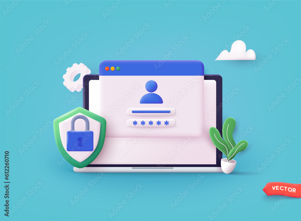 Poster computer and account login and password form page on screen. sign in to account, user authorization,
