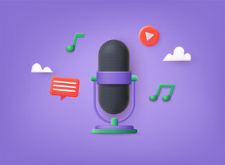 Podcast concept. Microphone on short leg stand, round shape model, vector, 3D mockup. 3D Web Vector Illustrations.