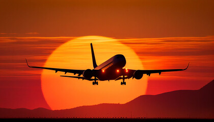   a commercial airplane taking off against the backdrop of a vibrant sunset. glorious warm colors of the sunset.