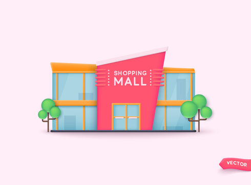 Shopping mall building exterior. Shopping concept. 3D Web Vector Illustrations.