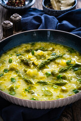 Asparagus soup on wooden table
