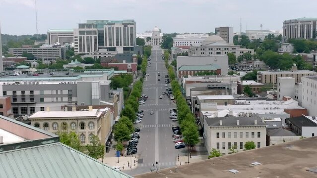 Montgomery, Alabama skyline and Alabama state capitol building parallax view with drone video stable.
