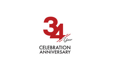 34th, 34 years, 34 year anniversary with red color isolated on white background, vector design for celebration vector