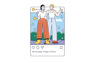 Happy people standing together Instagram post concept in the flat cartoon design. Friends are going for a walk together to have fun. Vector illustration.