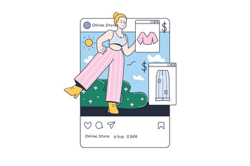 Instagram post concept Online shop in the flat cartoon style. A woman wants to buy clothes from a new collection in an online store. Vector illustration.