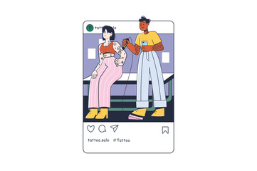 Tattoo salon Instagram post concept with people scene in the flat cartoon design. The girl came to the tattoo parlor to get a new tattoo. Vector illustration.