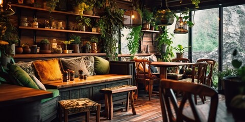 AI Generated. AI Generative. Indoor interior cozy luxury retro wooden cafe coffee shop with plants. Graphic Art
