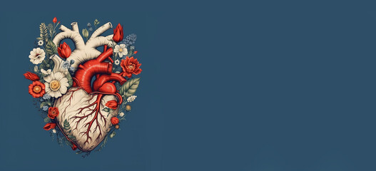 Human heart with flowers, love and emotion concept, good hearted person, help and charity, generative AI 
