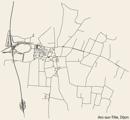 Detailed hand-drawn navigational urban street roads map of the ARC-SUR-TILLE QUARTER of the French city of DIJON, France with vivid road lines and name tag on solid background