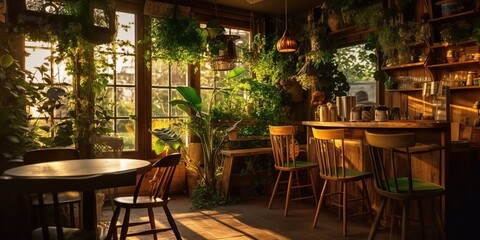 Fototapeta na wymiar AI Generated. AI Generative. Indoor interior cozy luxury retro wooden cafe coffee shop with plants. Graphic Art