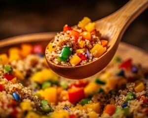 quinoa with various colorful vegetables and a wooden spoon