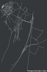 Detailed hand-drawn navigational urban street roads map of the PERRIGNY-LES-DIJON QUARTER of the French city of DIJON, France with vivid road lines and name tag on solid background