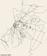 Detailed hand-drawn navigational urban street roads map of the AUXONNE QUARTER of the French city of DIJON, France with vivid road lines and name tag on solid background