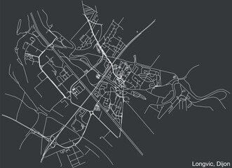 Detailed hand-drawn navigational urban street roads map of the LONGVIC QUARTER of the French city of DIJON, France with vivid road lines and name tag on solid background