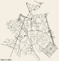 Detailed hand-drawn navigational urban street roads map of the DIJON-5 CANTON of the French city of DIJON, France with vivid road lines and name tag on solid background