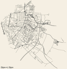 Fototapeta na wymiar Detailed hand-drawn navigational urban street roads map of the DIJON-4 CANTON of the French city of DIJON, France with vivid road lines and name tag on solid background