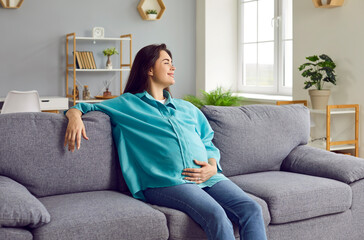 Portrait of peaceful smiling pregnant woman in casual clothes sitting on sofa in the living room at...