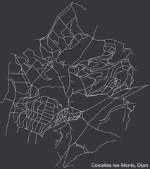 Detailed hand-drawn navigational urban street roads map of the CORCELLES-LES-MONTS QUARTER of the French city of DIJON, France with vivid road lines and name tag on solid background